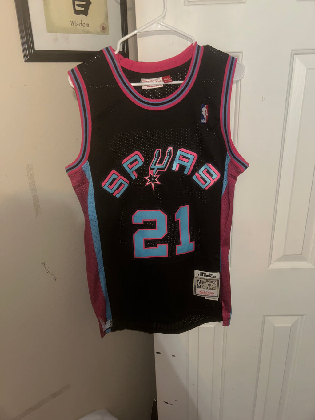 NBA Tim Duncan Spurs jersey in black with pink and blue accents size m